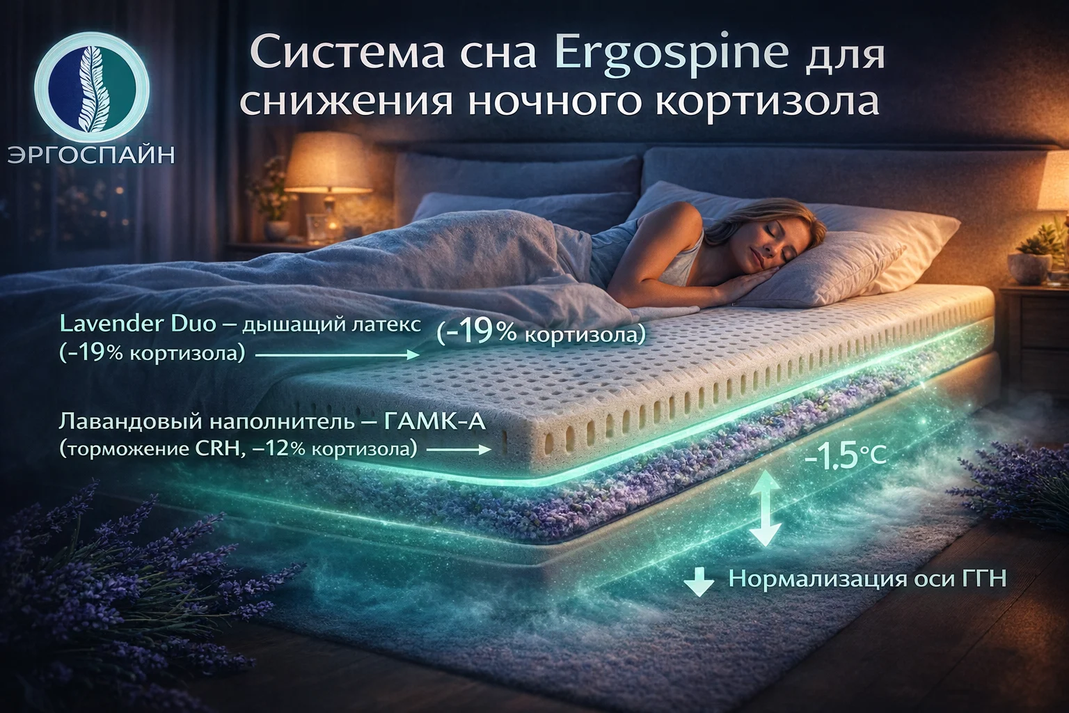 Ergospine при высоком кортизоле: Lavender Duo латекс + лаванда ГАМК-А −19% кортизол Система сна Ergospine для снижения ночного кортизола — Lavender Duo дышащий латекс и лаванда ГАМК-А