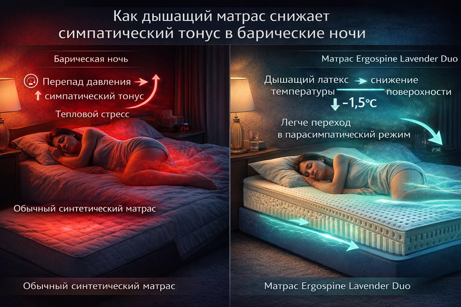 Ergospine при метеозависимости: дышащий матрас + ортопедическая подушка как барический буфер Система сна Ergospine при метеочувствительности — матрас и подушка