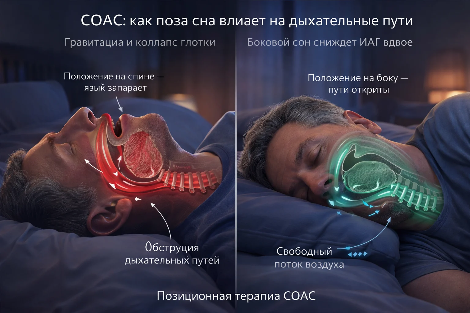 СОАС: как поза сна влияет на дыхательные пути Механизм апноэ сна — западание языка и мягкого нёба при положении на спине