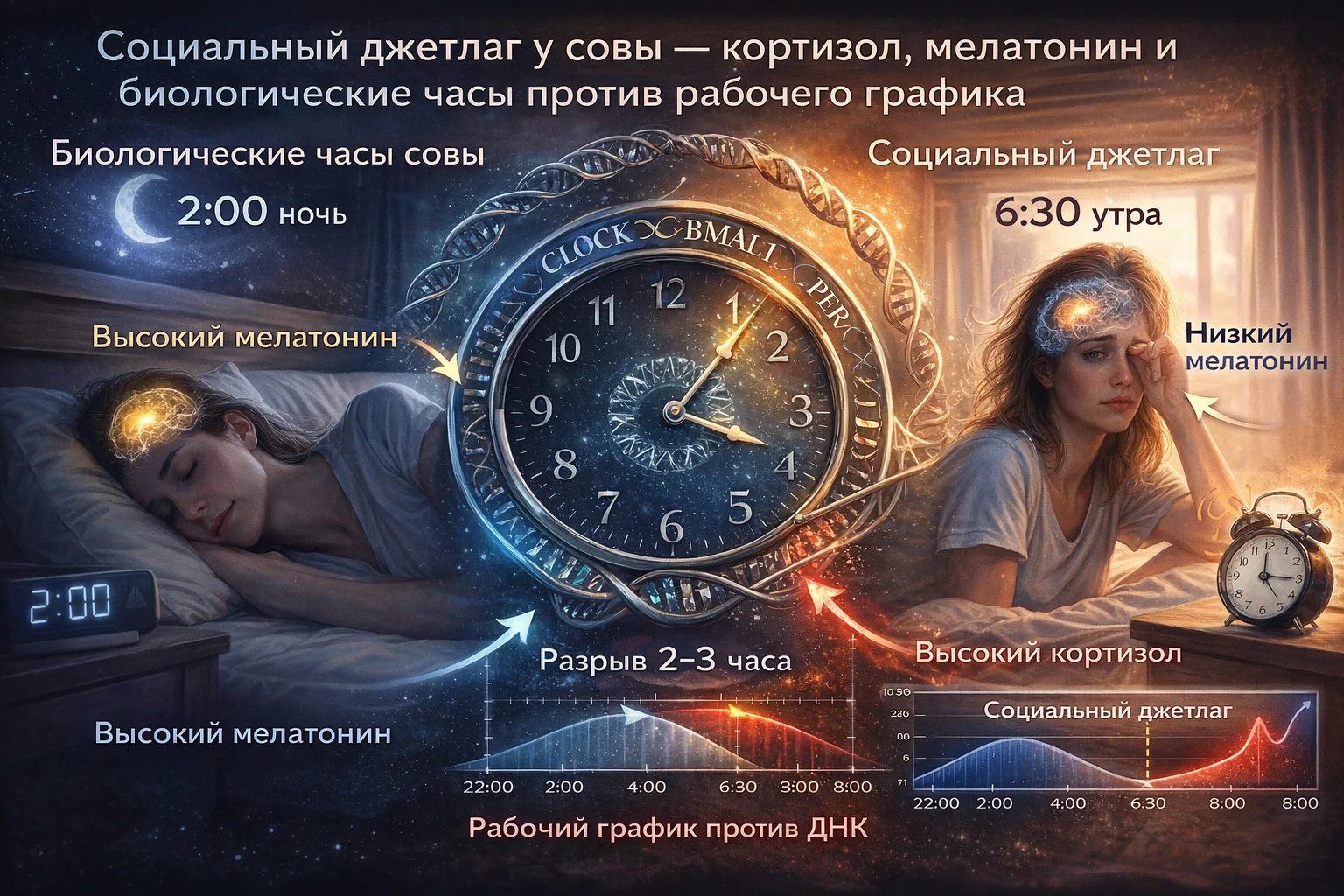 Социальный джетлаг: разрыв между биологическим временем совы и рабочим расписанием Социальный джетлаг у совы — кортизол, мелатонин и биологические часы против рабочего графика