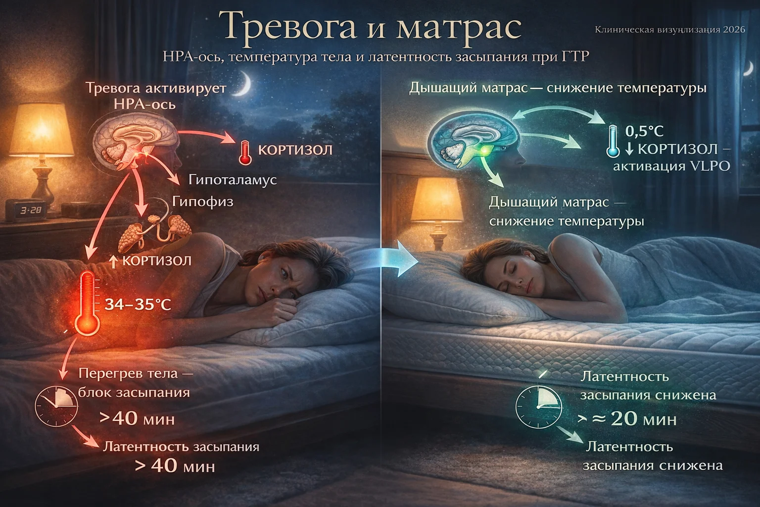 Тревога и матрас: HPA-ось, температура тела и латентность засыпания при ГТР Тревожные расстройства и сон — нейробиология тревоги ночью, матрас и парасимпатическая система