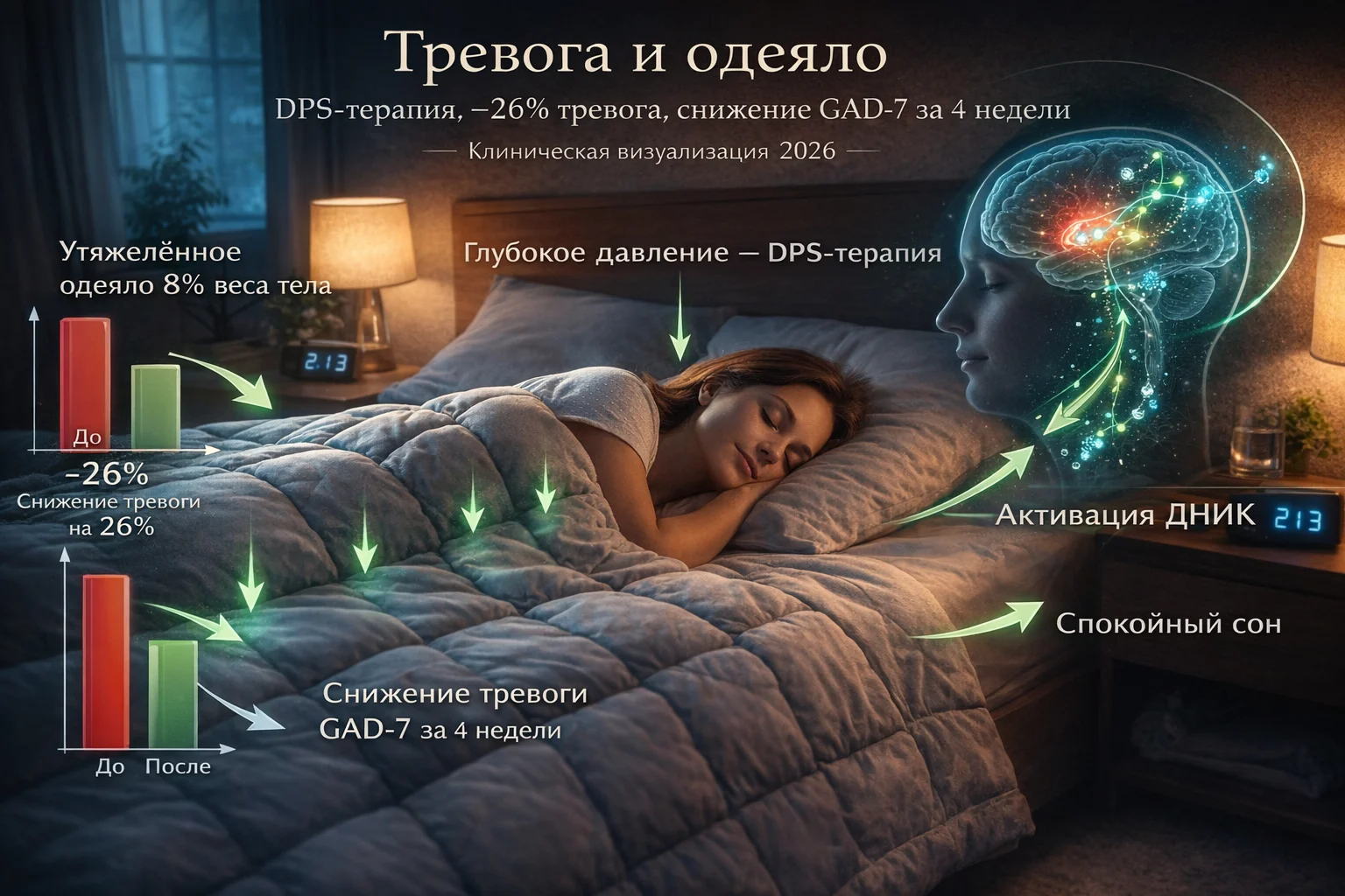 Тревога и одеяло: DPS-терапия, −26% тревога, снижение GAD-7 за 4 недели Утяжелённое одеяло при тревожном расстройстве — глубокое давление, GAD-7, дышащий матрас