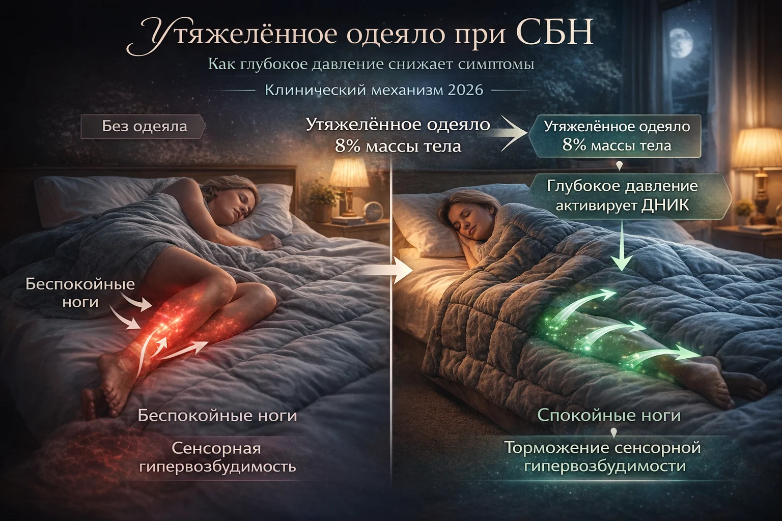 Утяжелённое одеяло при СБН: как глубокое давление снижает симптомы Утяжелённое одеяло при синдроме беспокойных ног — глубокое давление и механизм ДНИК