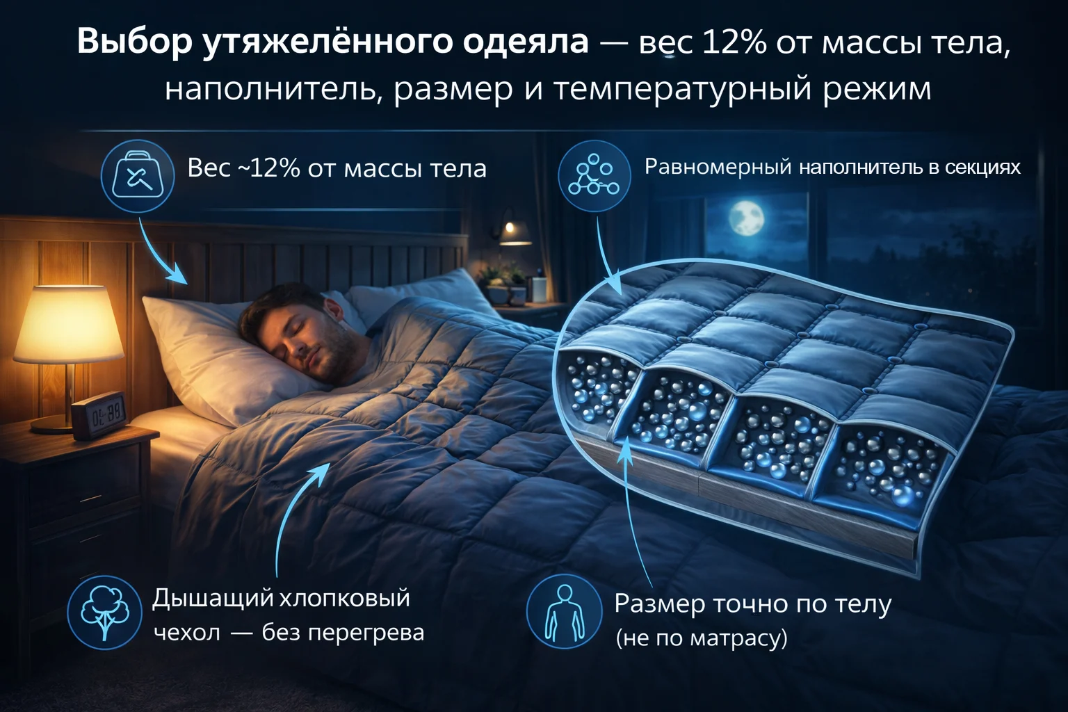 Как выбрать утяжелённое одеяло: вес ~12% от тела, материал, размер, температура Выбор утяжелённого одеяла — вес 12% от массы тела, наполнитель, размер и температурный режим