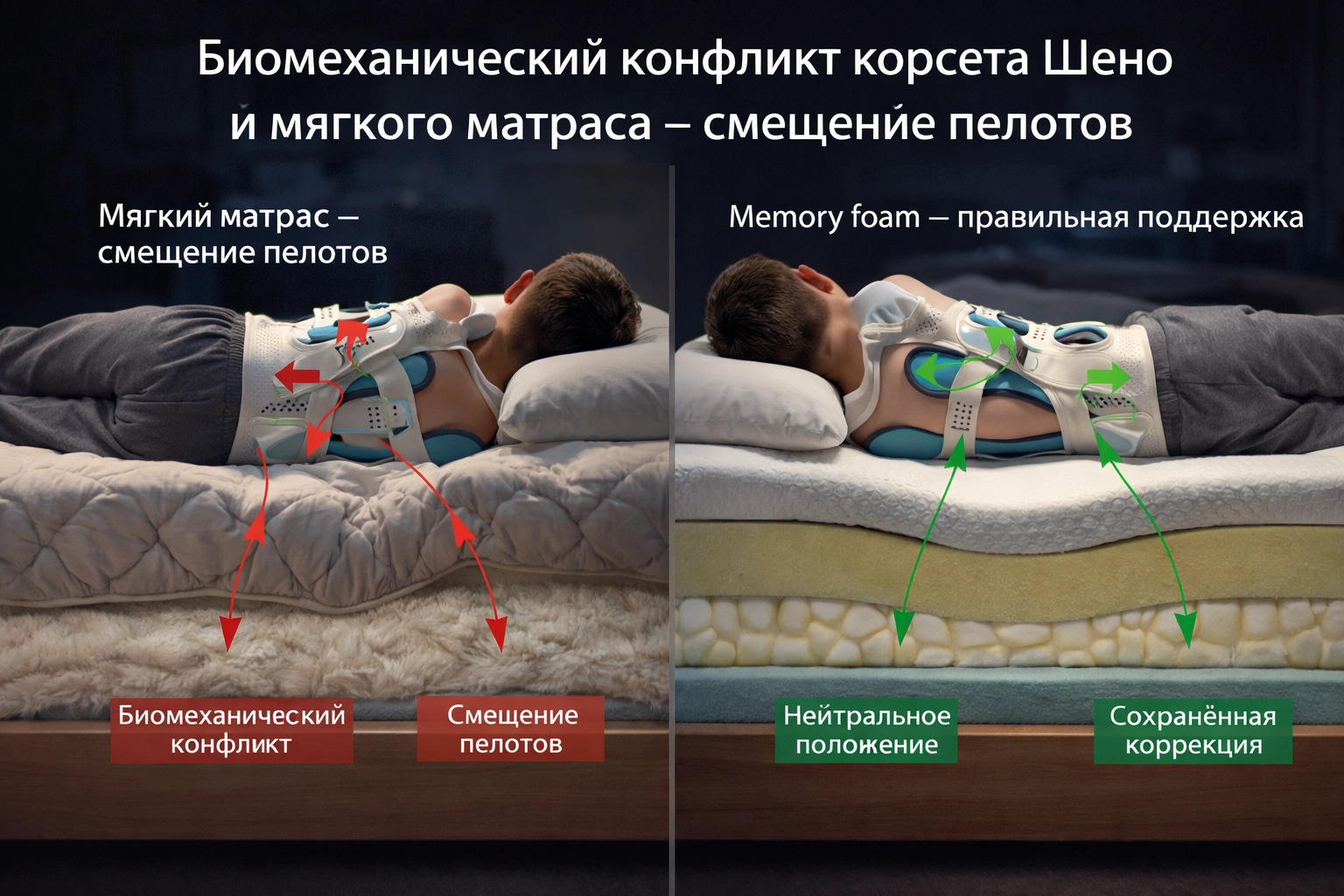 Мягкий матрас нарушает коррекцию корсета Шено: тело проваливается, пелоты смещаются Биомеханический конфликт корсета Шено и мягкого матраса — смещение пелотов