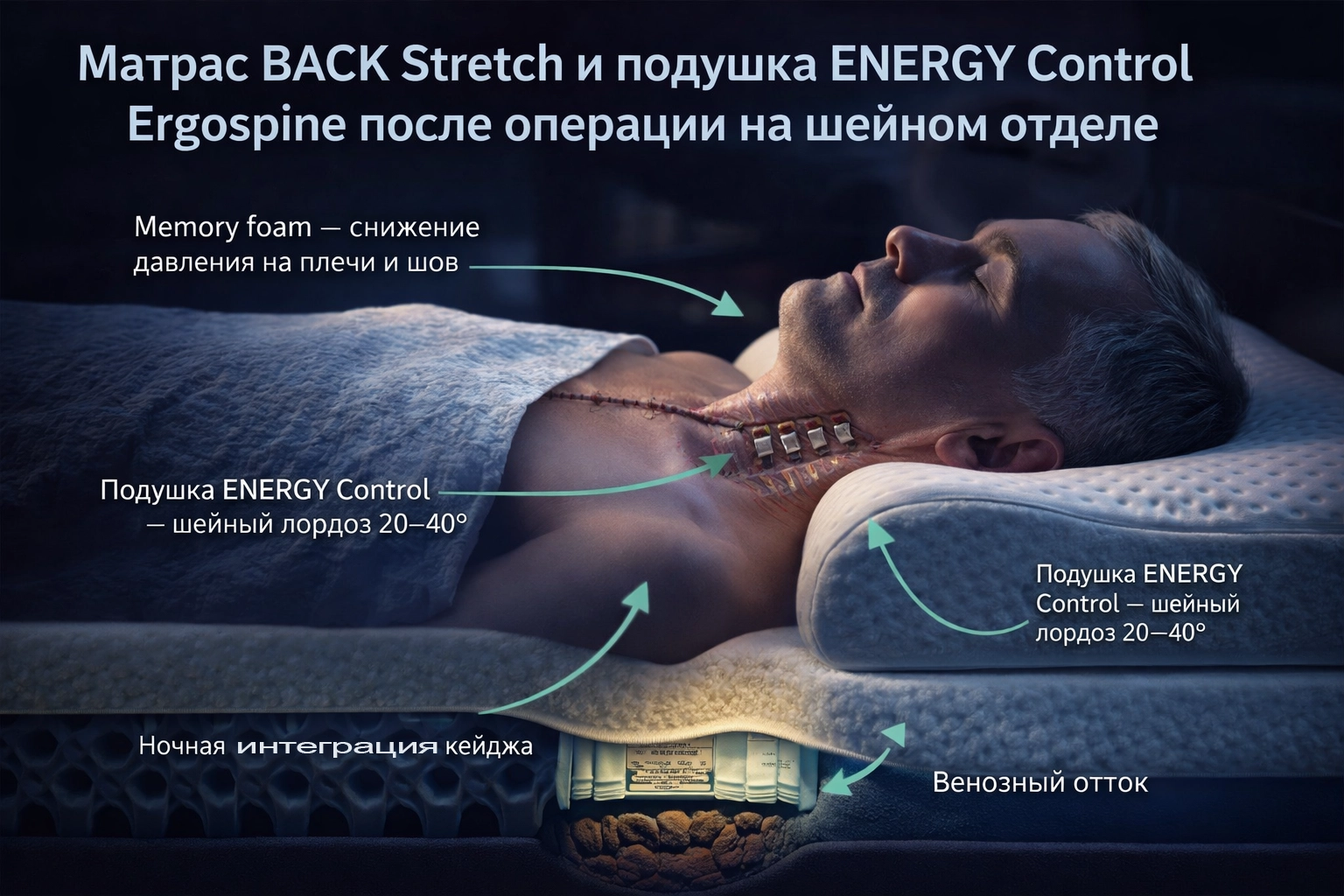 Ergospine: матрас BACK Stretch + подушка ENERGY Control — система ночной реабилитации после операции на шейном отделе позвоночника Матрас BACK Stretch и подушка ENERGY Control Ergospine после операции на шейном отделе