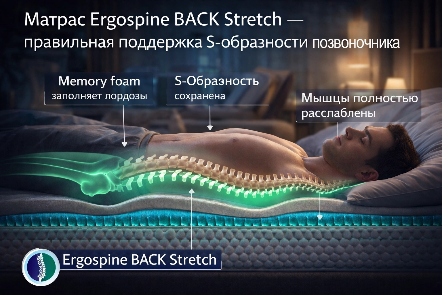Ergospine BACK Stretch: memory foam заполняет лордозы, зональные пружины — горизонтальный позвоночник Матрас Ergospine BACK Stretch — правильная поддержка S-образности позвоночника