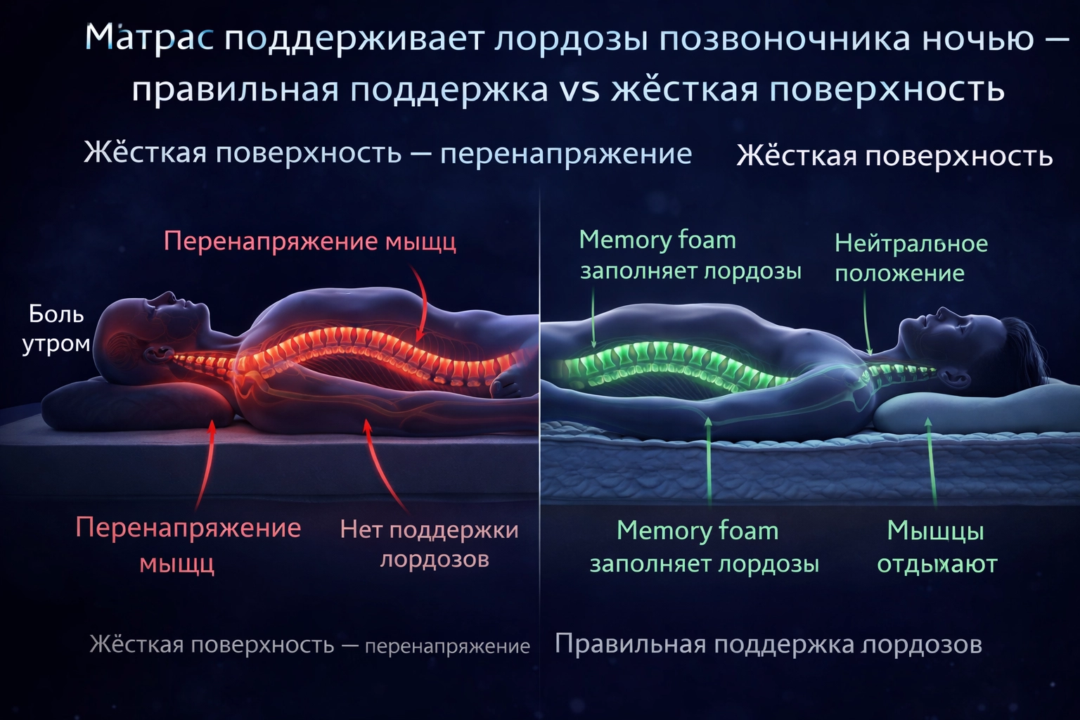 Правильный матрас заполняет поясничный и шейный лордоз — мышцы расслаблены Матрас поддерживает лордозы позвоночника ночью — правильная поддержка vs жёсткая поверхность