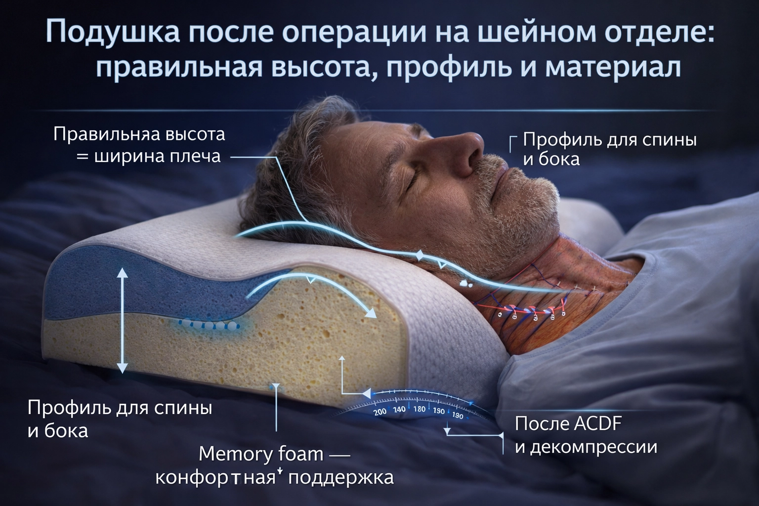 Подушка после операции на шейном отделе: правильная высота, профиль и материал Ортопедическая подушка и матрас memory foam после операции на шейном отделе позвоночника