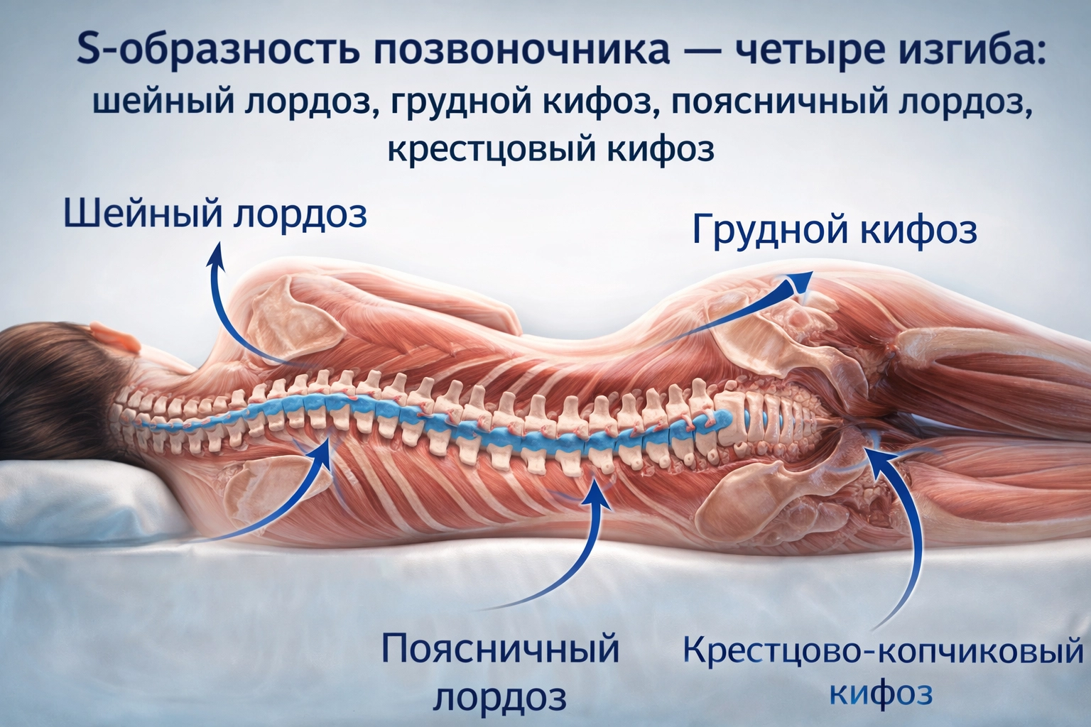 Анатомия позвоночника: S-образная форма и четыре физиологических изгиба S-образность позвоночника — четыре изгиба: шейный лордоз, грудной кифоз, поясничный лордоз, крестцовый кифоз
