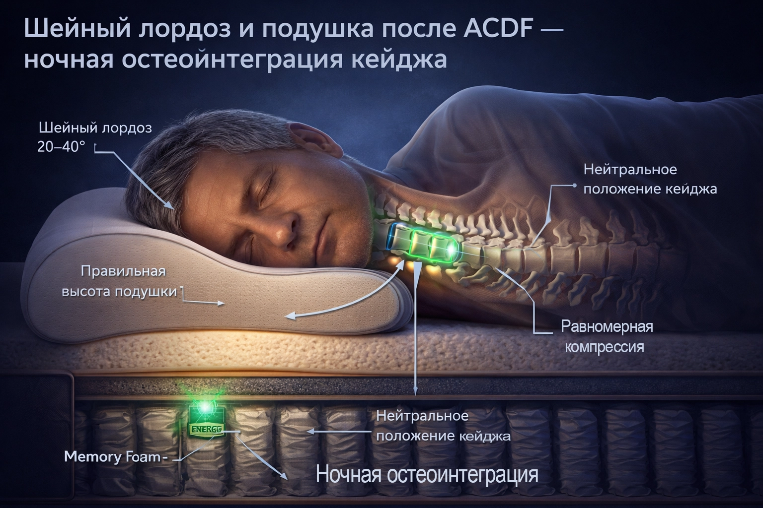 Правильная подушка после операции ACDF поддерживает шейный лордоз и обеспечивает остеоинтеграцию кейджа Шейный лордоз и подушка после ACDF — ночная остеоинтеграция кейджа