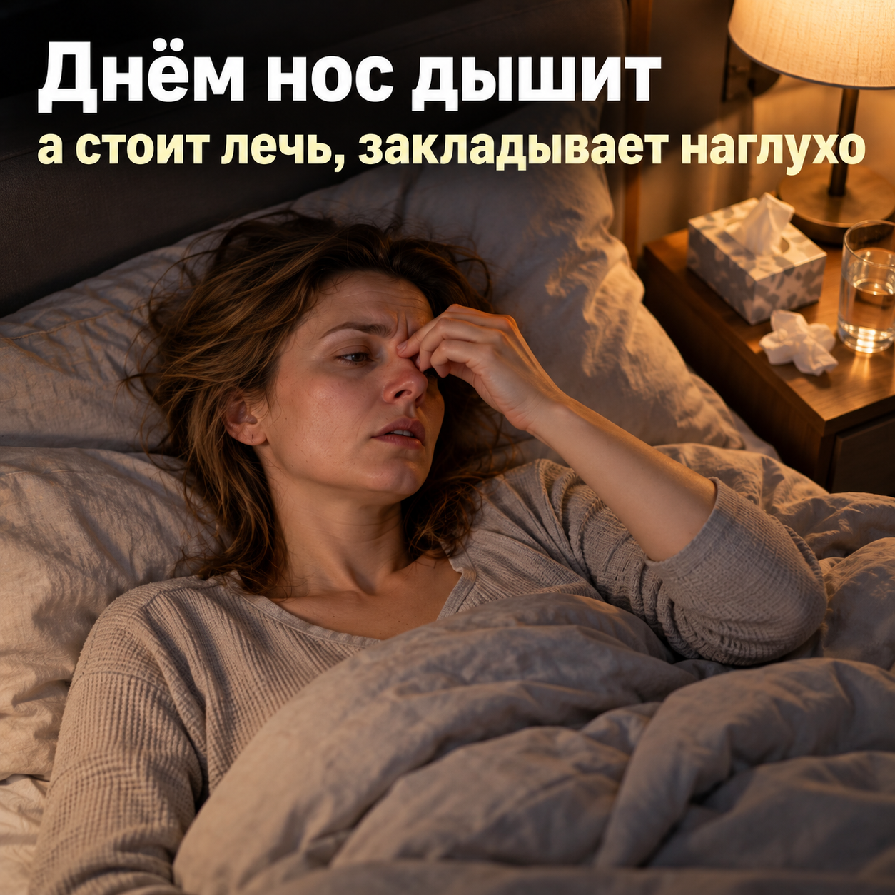 Женщина лежит в кровати ночью, касается носа, на тумбочке салфетки, крупная надпись «Днём нос дышит, а стоит лечь, закладывает наглухо»