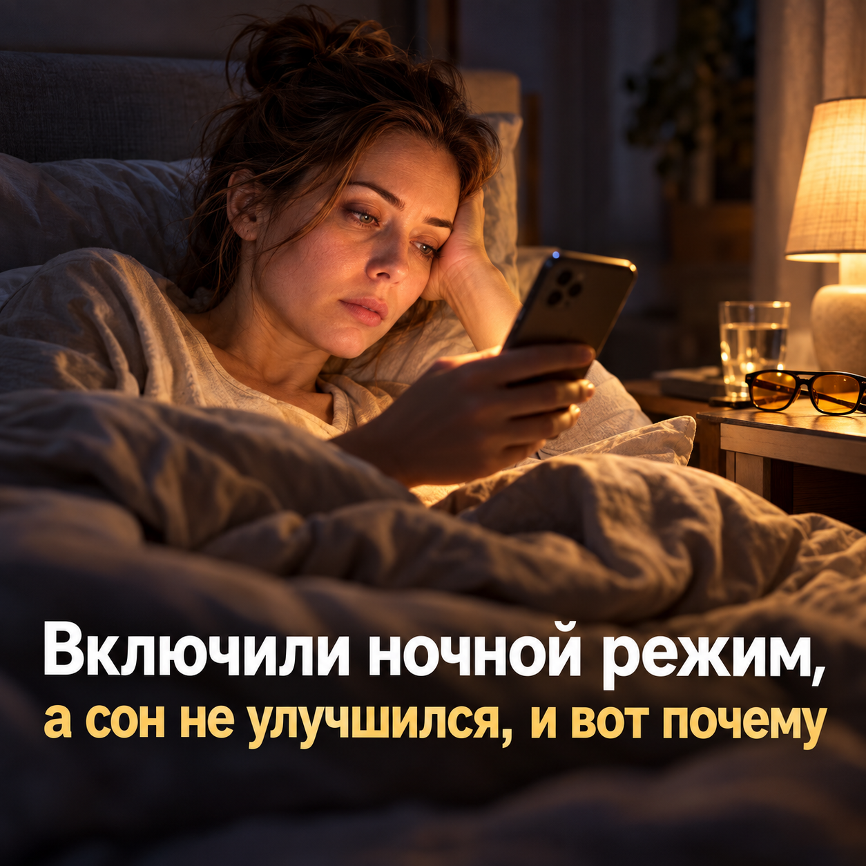 Женщина 34 лет лежит в спальне ночью с телефоном в ночном режиме и надписью о том, что сон не улучшился.