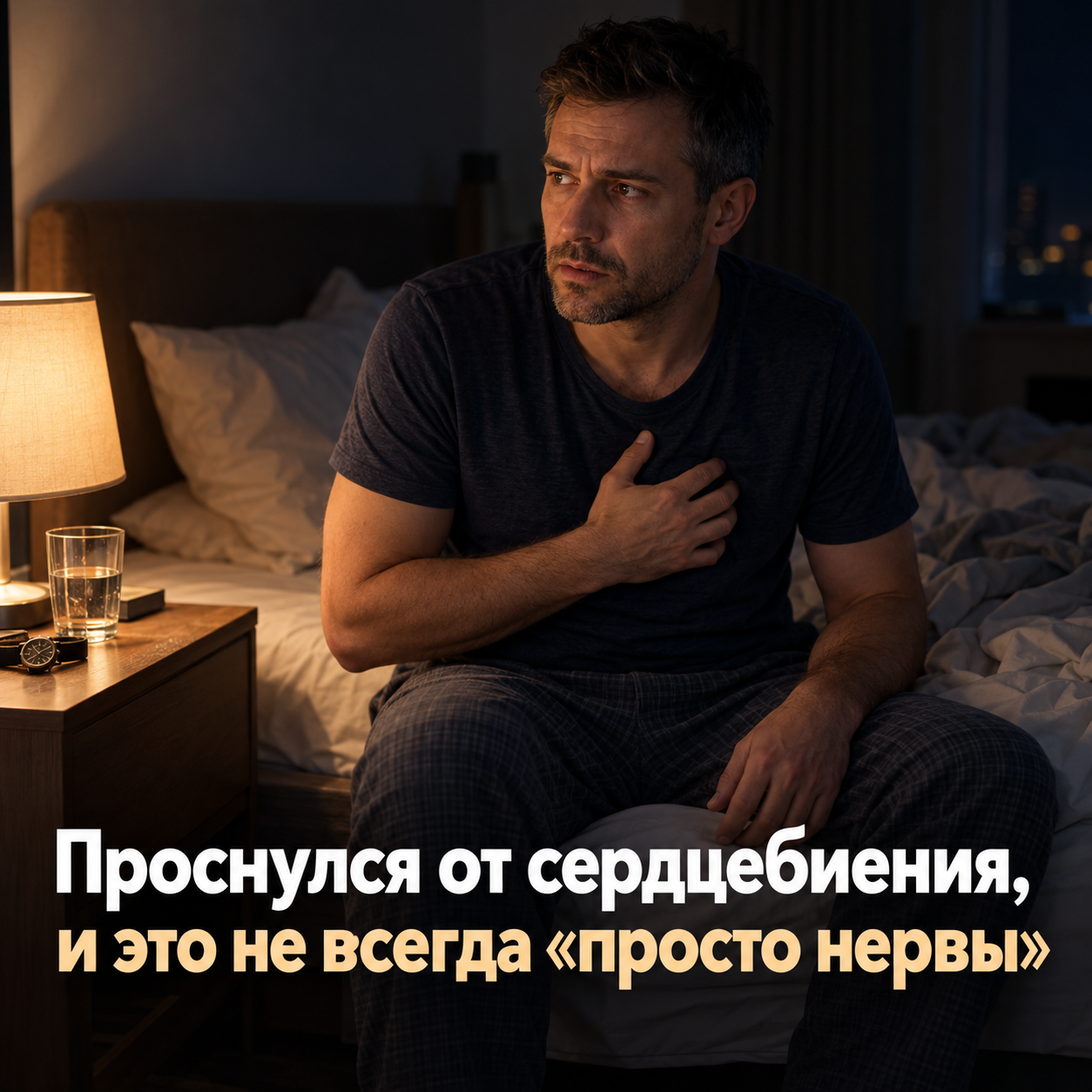 Мужчина ночью сидит на краю кровати, рука на груди, на изображении надпись «Проснулся от сердцебиения, и это не всегда «просто нервы»».