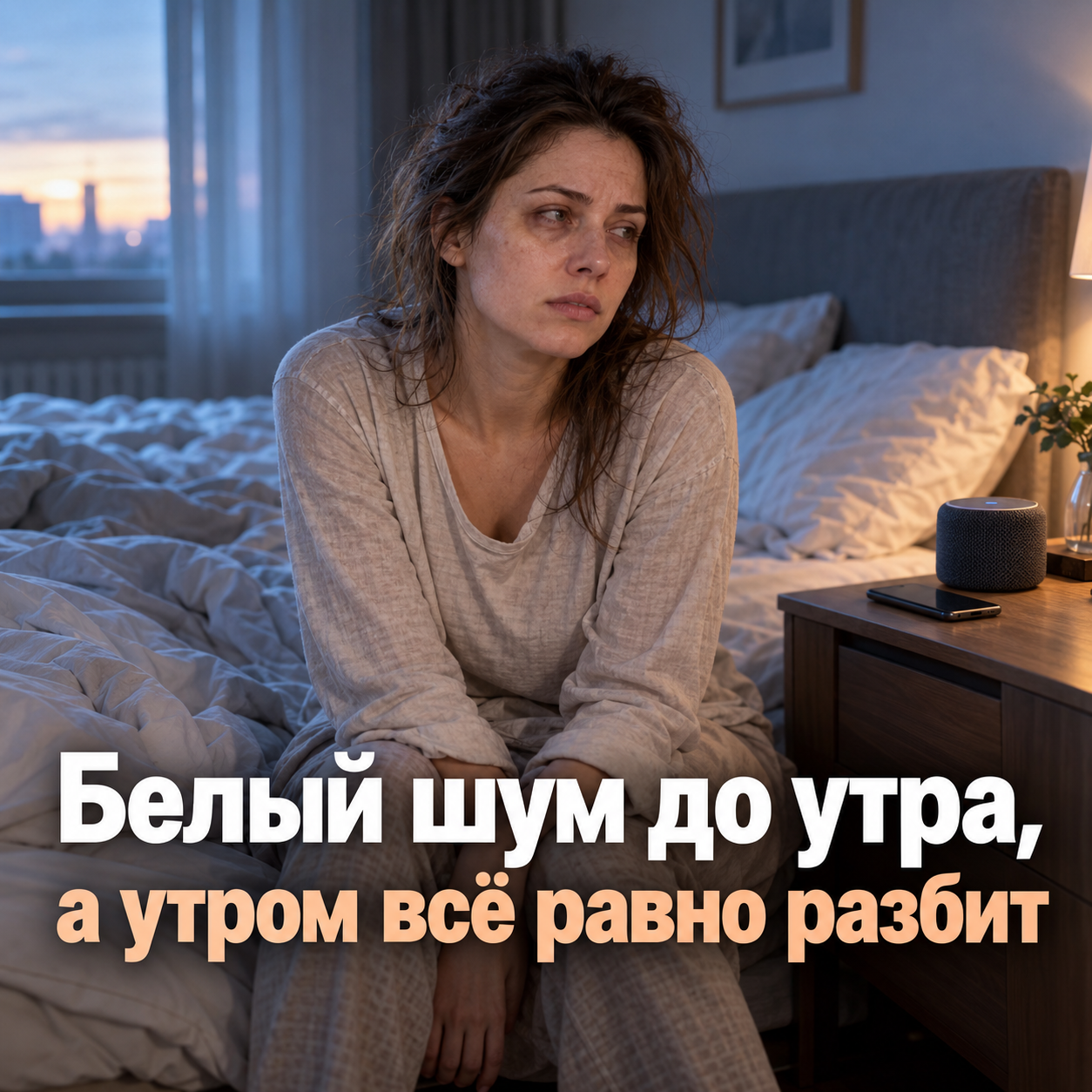 Женщина утром сидит на краю кровати с усталым лицом, рядом колонка белого шума, надпись «Белый шум до утра, а утром всё равно разбит».