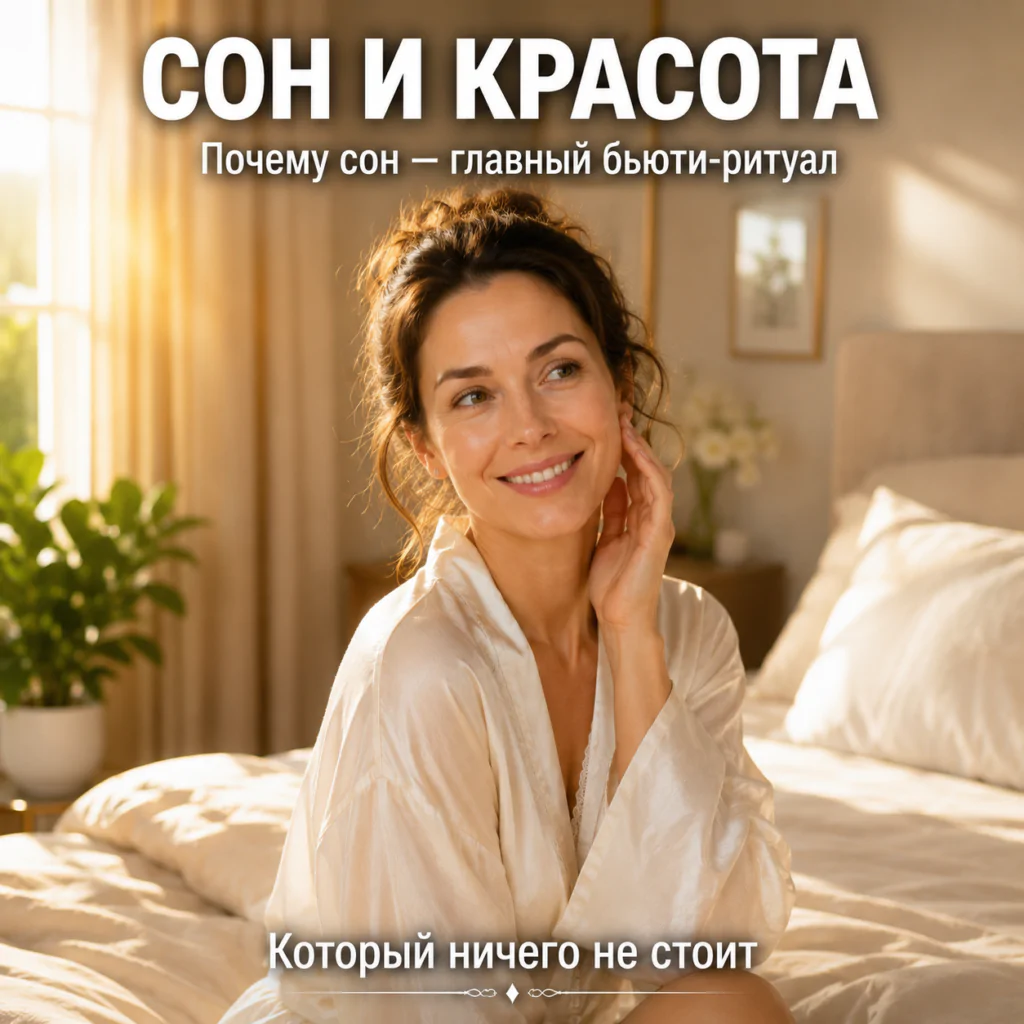 Женщина просыпается со свежим сияющим лицом после качественного сна. Сон и красота: главный бьюти-ритуал, который ничего не стоит. Фотореалистичное изображение.