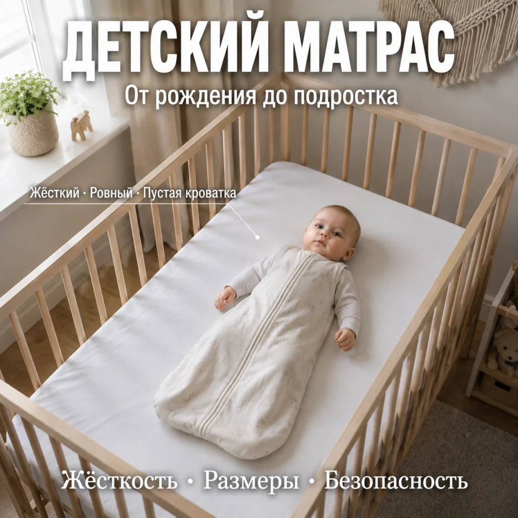 Детский матрас. Младенец спит на спине на жёстком ровном матрасе в пустой кроватке. Безопасный сон. Фотореалистичное изображение.