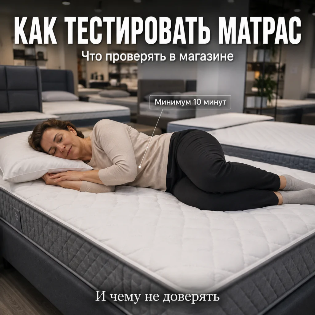 Как тестировать матрас. Женщина правильно тестирует матрас в магазине, лёжа в рабочей позе. Как тестировать матрас. Фотореалистичное изображение.