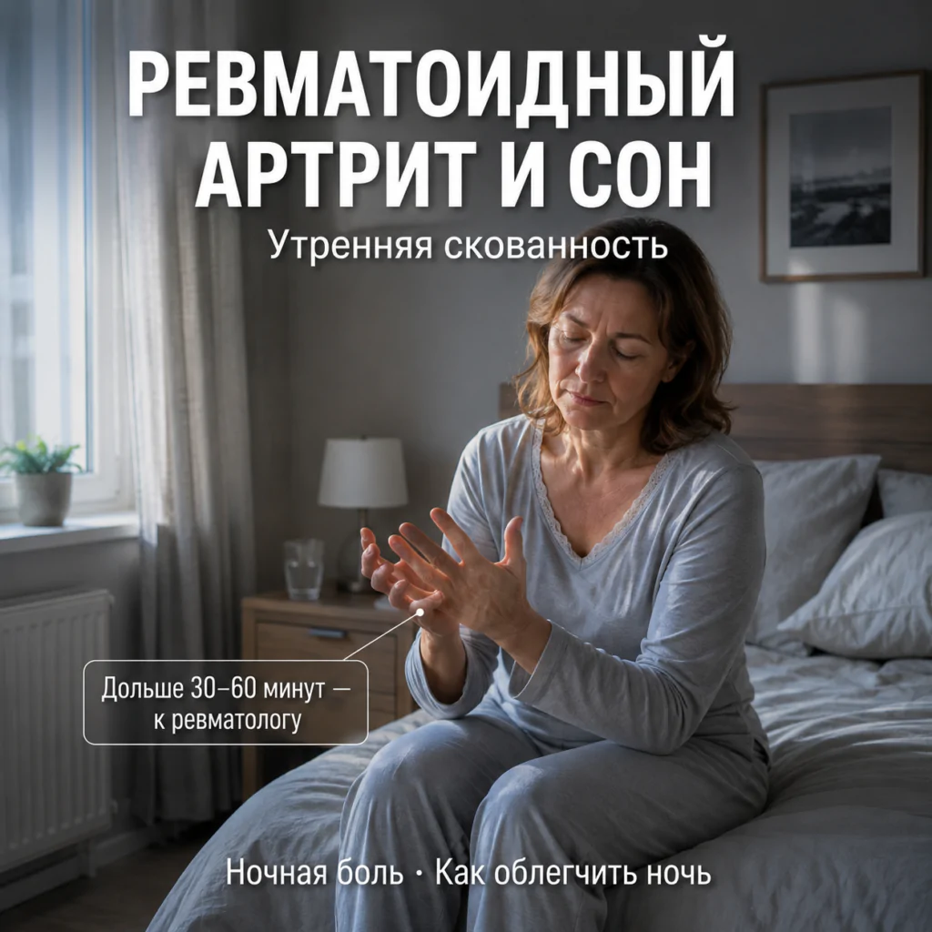 Ревматоидный артрит. Женщина утром сидит на кровати и разжимает скованные кисти. Ревматоидный артрит и сон. Фотореалистичное изображение.
