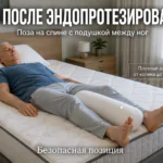 Мужчина лежит на спине с плотным валиком между ног после эндопротезирования. Правильная поза сна. Фотореалистичное изображение.
