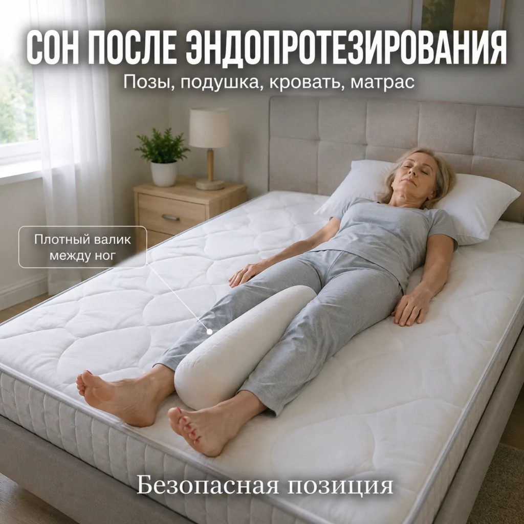 Сон после эндопротезирования тазобедренного сустава. Женщина спит на спине с плотным валиком между ног после эндопротезирования. Безопасная поза сна. Фотореалистичное изображение.