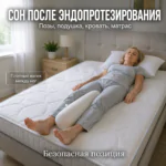 Сон после эндопротезирования тазобедренного сустава. Женщина спит на спине с плотным валиком между ног после эндопротезирования. Безопасная поза сна. Фотореалистичное изображение.