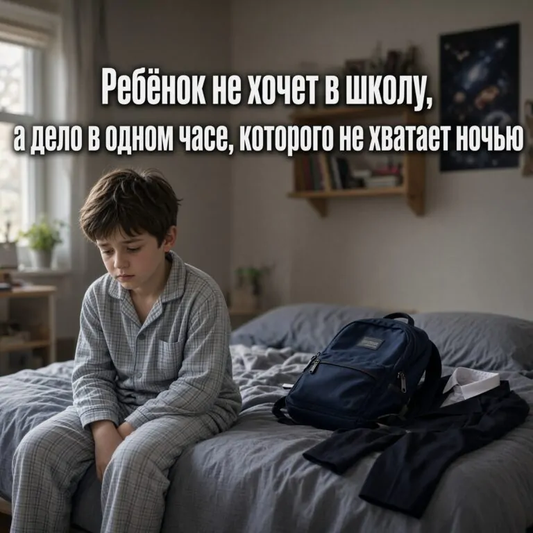 Мальчик сидит на кровати утром и не хочет в школу, крупная надпись: Ребёнок не хочет в школу / а дело в одном часе, которого не хватает ночью