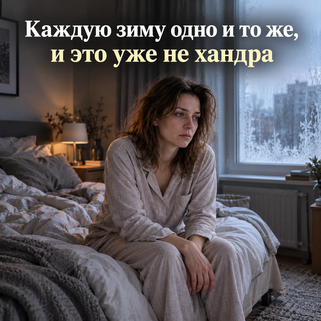 Женщина 38 лет сидит на краю кровати в спальне зимним пасмурным утром, выглядит разбитой после долгого сна; крупная надпись: «Каждую зиму одно и то же,» «и это уже не хандра».