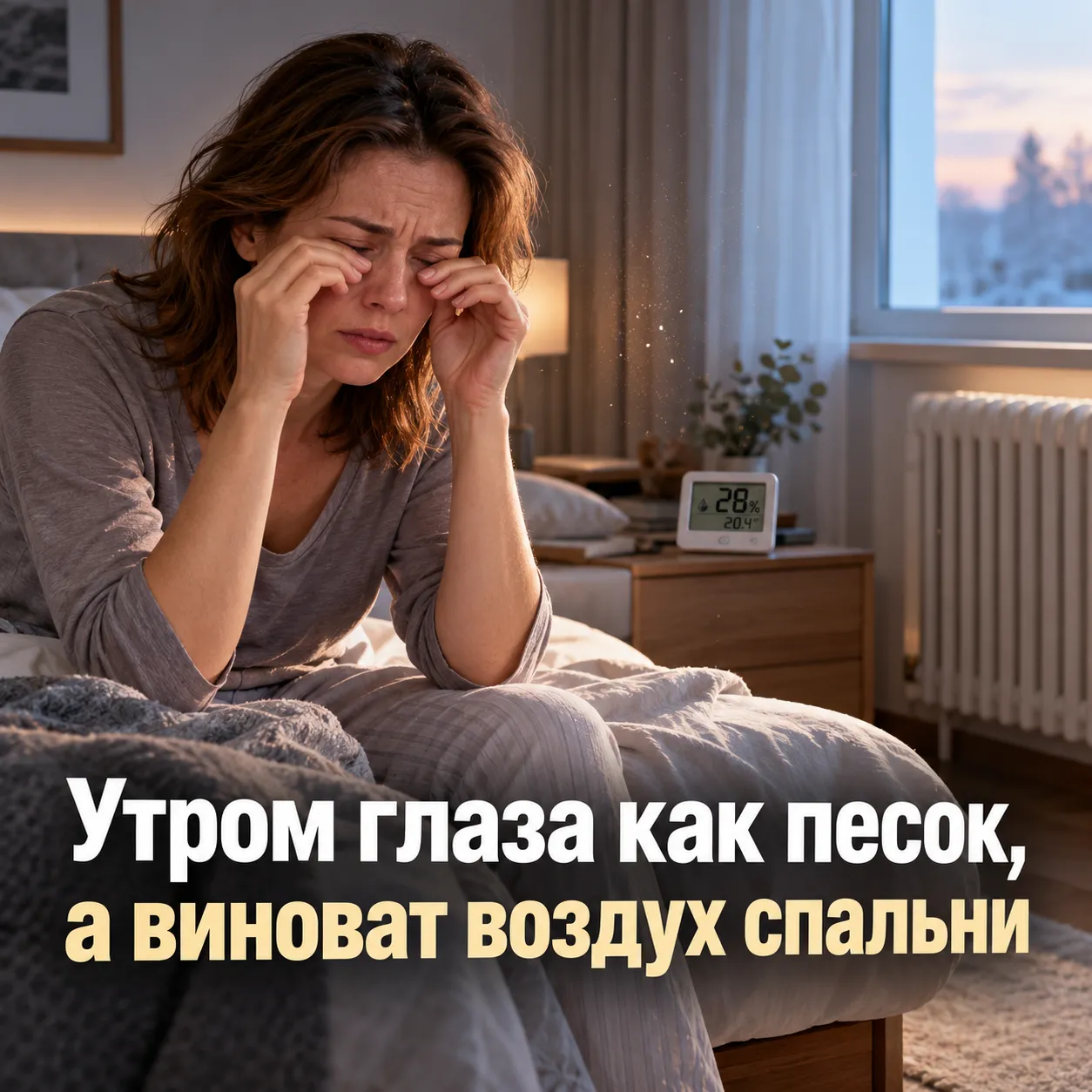 Женщина утром в спальне трёт сухие глаза, рядом батарея и гигрометр, надпись про воздух спальни.