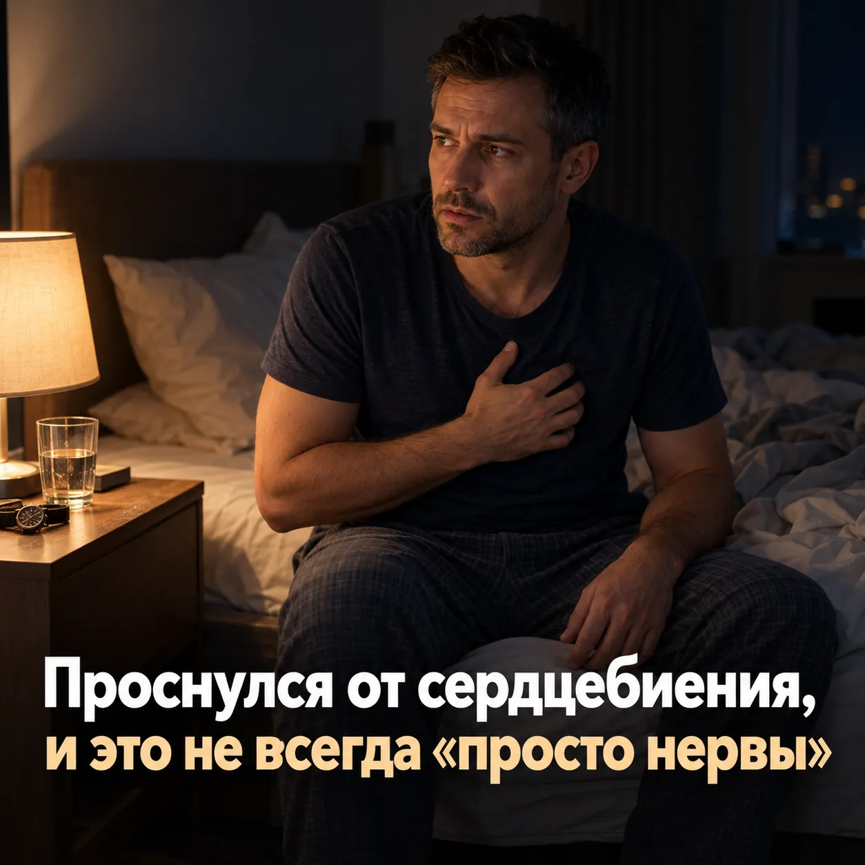 Мужчина ночью сидит на краю кровати, рука на груди, на изображении надпись «Проснулся от сердцебиения, и это не всегда «просто нервы»».