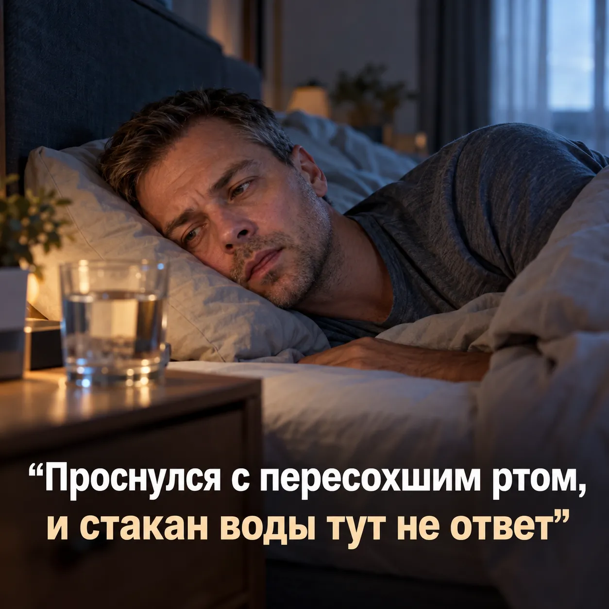 Мужчина проснулся в спальне с пересохшим ртом, рядом стакан воды, крупная русская надпись о том, что стакан воды не ответ.