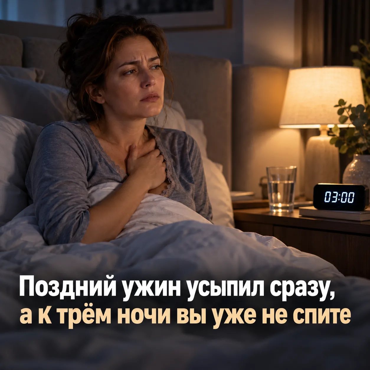 Фотореалистичное изображение женщины в спальне в три часа ночи с текстом о позднем ужине и ночном пробуждении